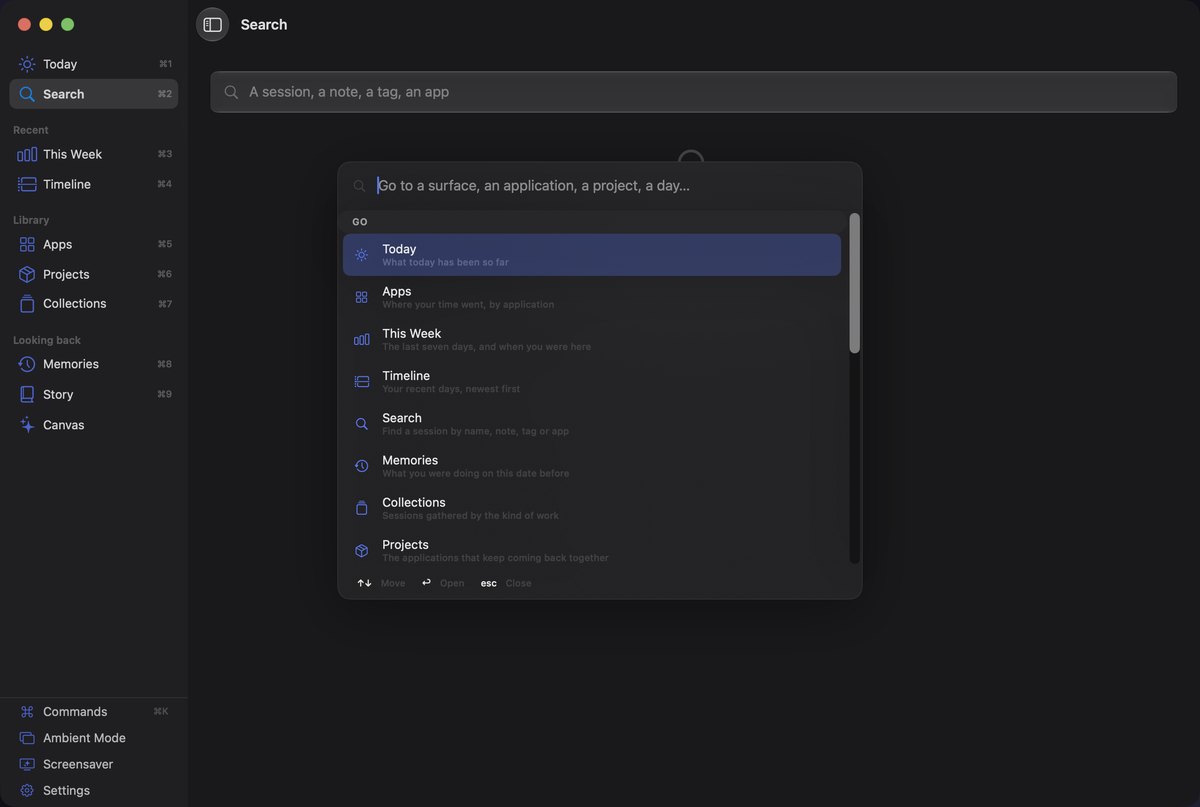 The command palette open over the Canvas, listing surfaces to jump to.