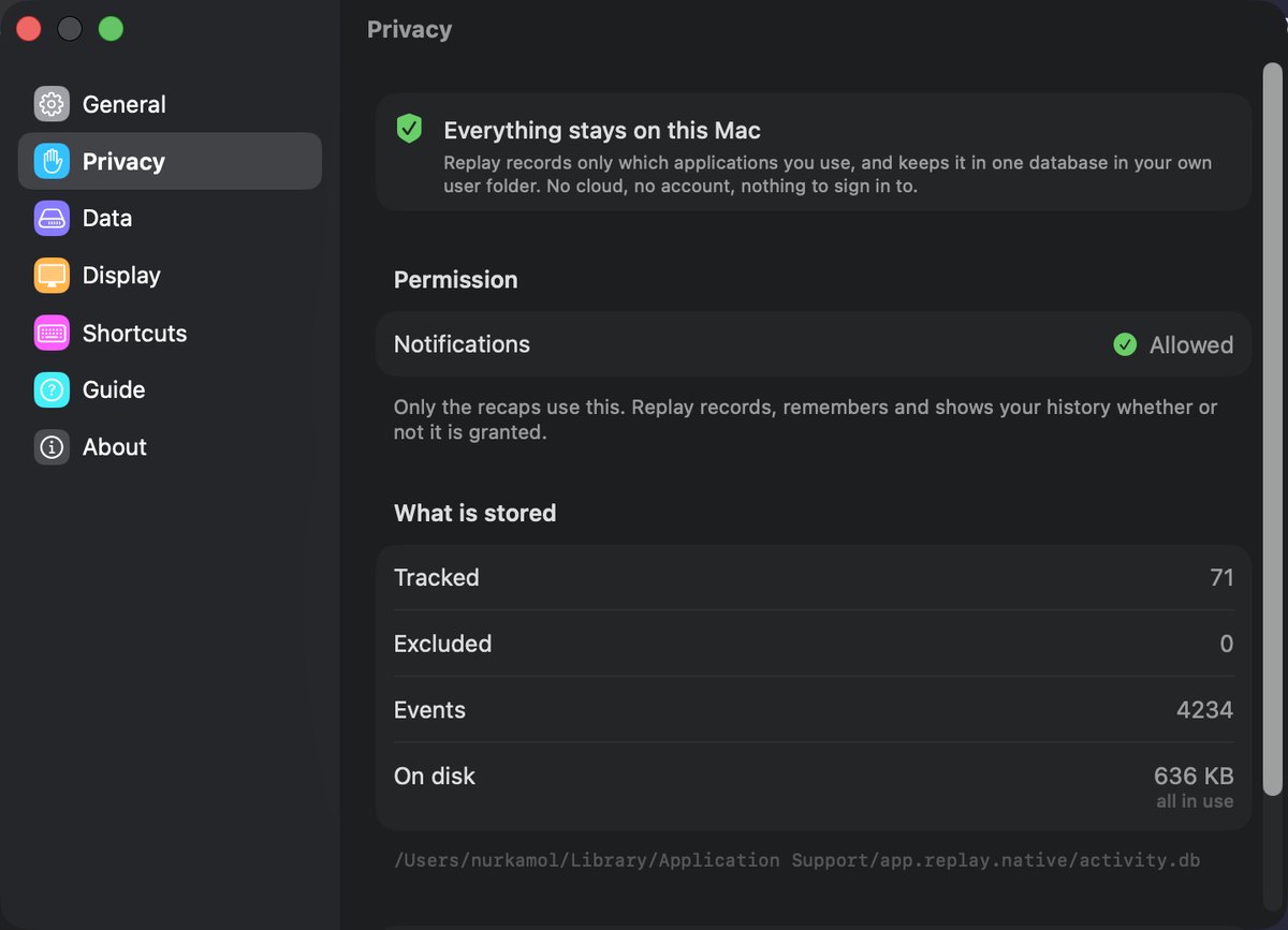Settings, Privacy pane: a banner reading Everything stays on this Mac, the one permission Replay asks for, and counts of what is stored.
