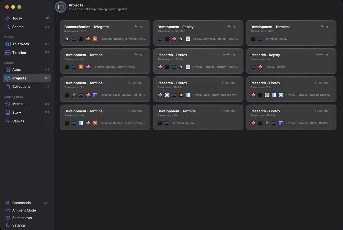 Projects: cards for recurring app combinations, each named and showing its sessions.