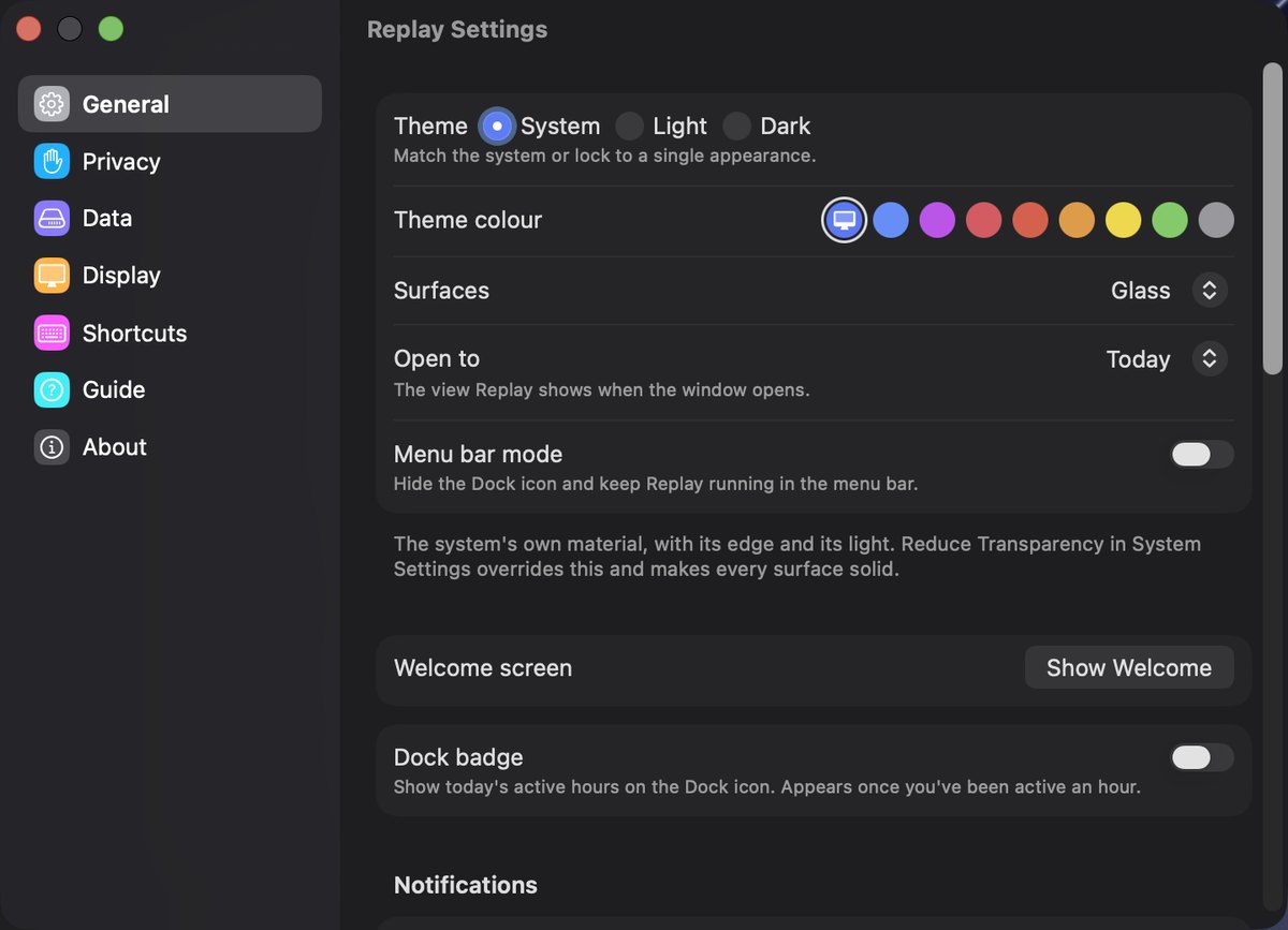 Replay's Settings window, General pane, showing theme, surface and launch options.