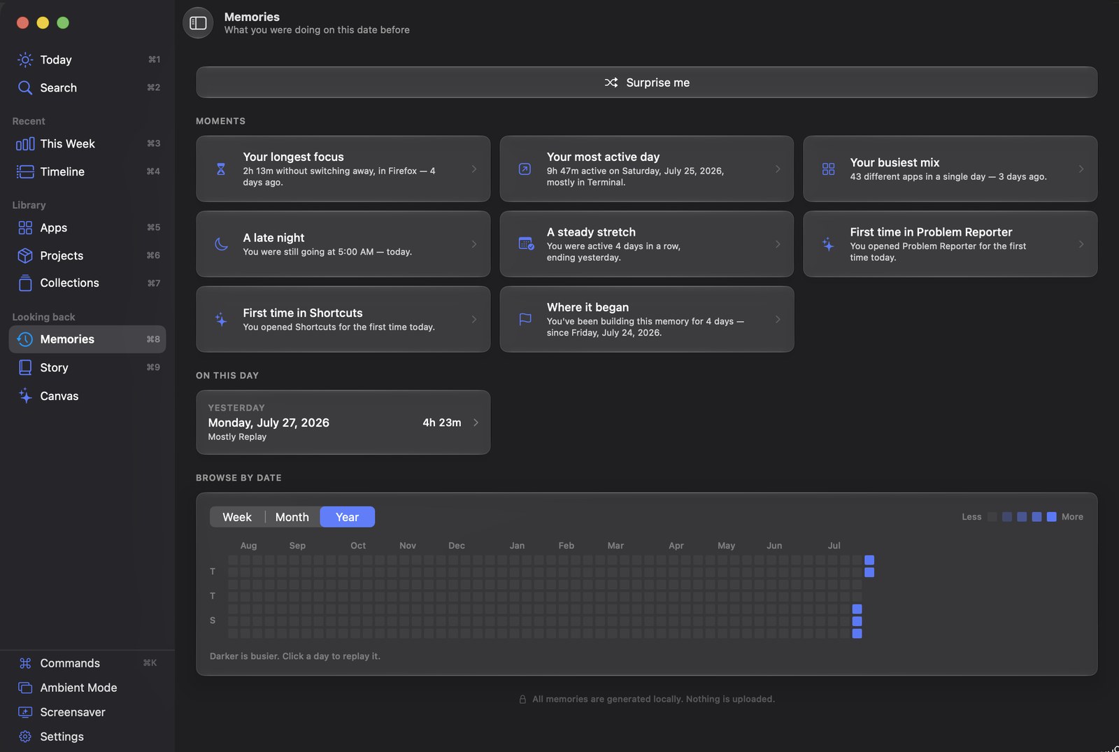 Replay's Memories view: cards for notable moments, and a year heatmap of daily activity.