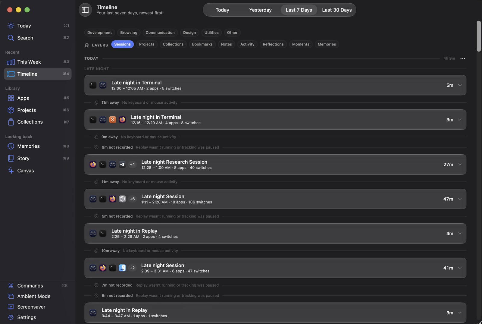 Replay's Timeline: sessions grouped by day part, with the breaks between them labelled.