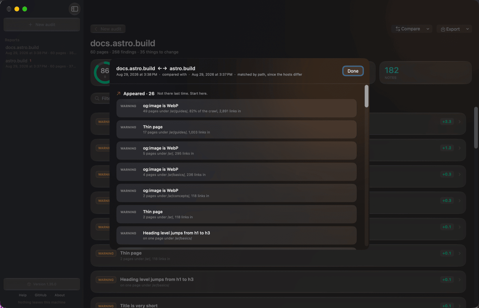The compare sheet: docs.astro.build against astro.build, showing 26 findings that appeared