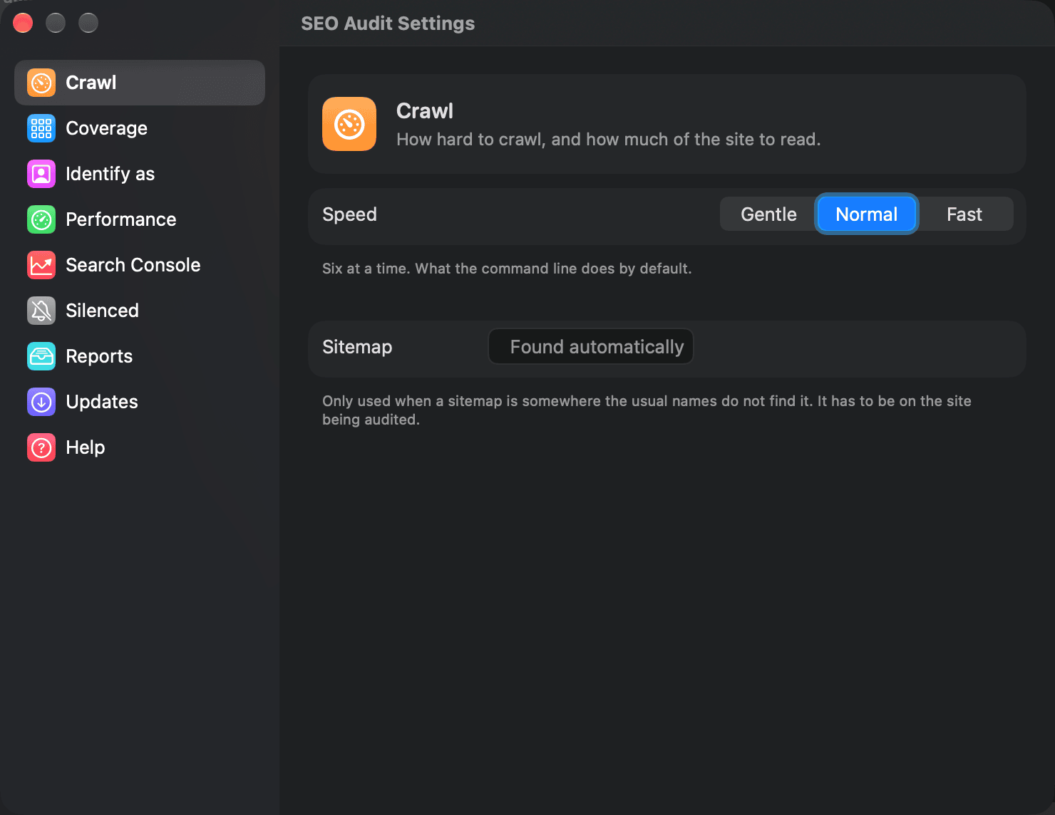 The app's settings: a sidebar of nine panes — crawl, coverage, identify as, performance, Search Console, silenced, reports, updates and help